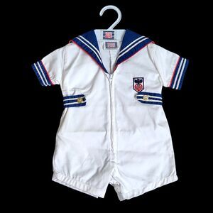 Vintage Little Guys Baby Boy Sailor Suit Romper Zipper Front Red White Blue 3-6M